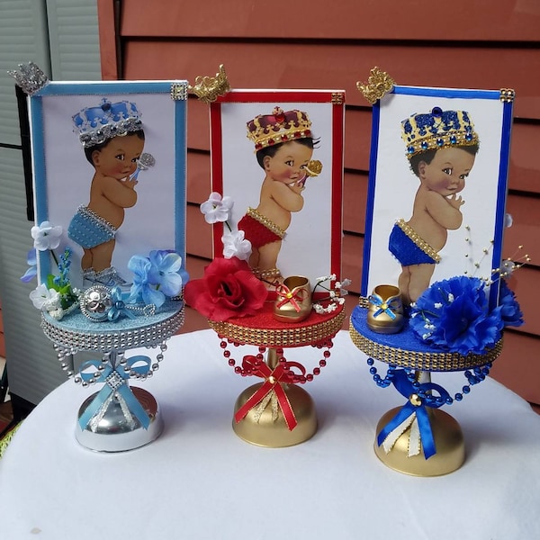 Royal Prince Centerpiece, Gender Reveal, SINGLE- SIDED & DOUBLE, Royal Blue and Gold, Baby Shower Decor, Gender Reveal, African Prince Baby