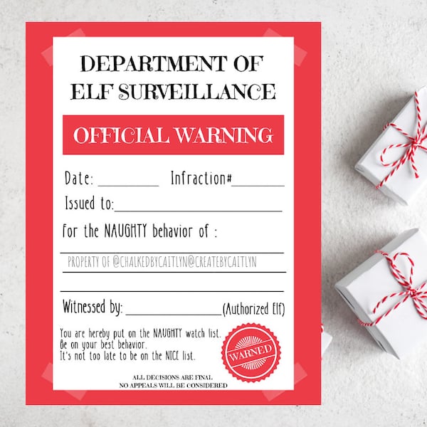 Department of Elf Surveillance - Warning - Naughty List - Nice List - Santa Claus - Elf Santa Letter