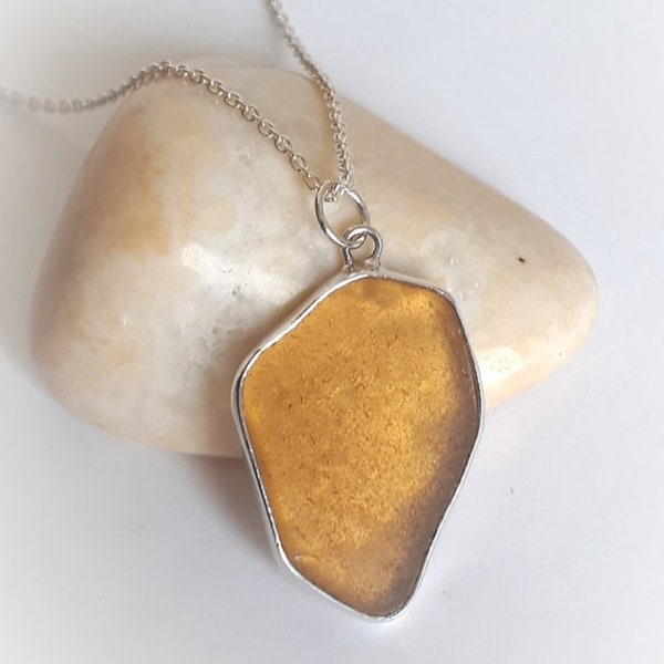 Cornish Amber Seaglass Eco Silver Pendant & Chain