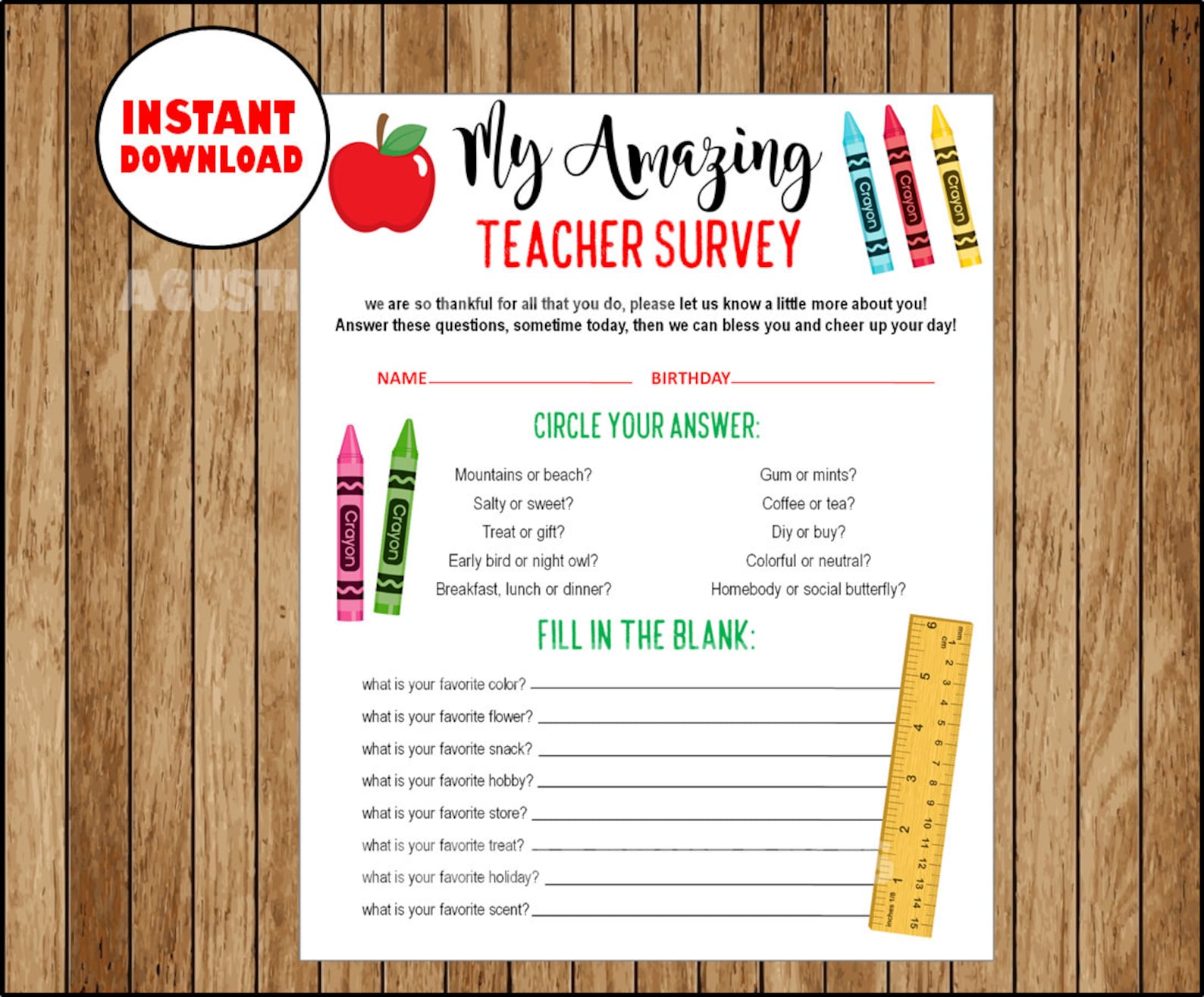 Instant Download Teacher Survey Get to Know Your Teacher Printable