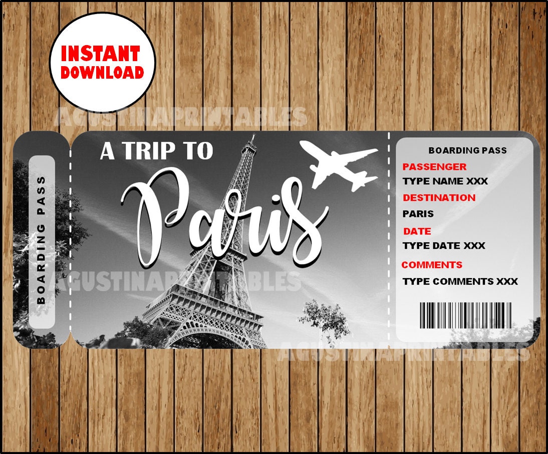Printable Ticket to Paris Boarding Pass Customizable Etsy