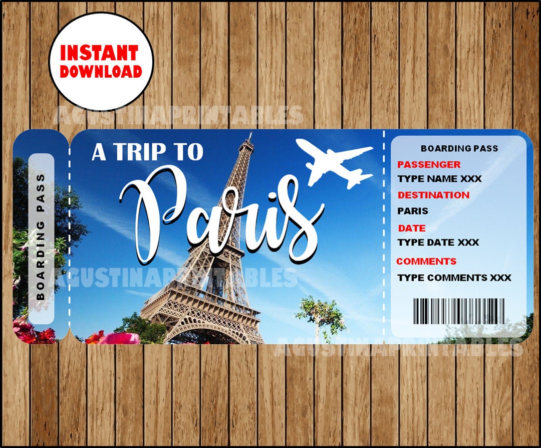 Printable Ticket to Paris Boarding Pass, Customizable Template
