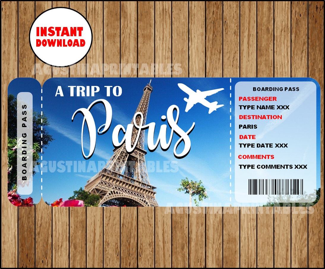 Printable Ticket to Paris Boarding Pass, Customizable Template