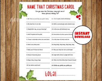 May include: A printable Christmas carol game with phrases like "Sleigh bells ring, are you listening?" and "Had a very shiny nose." The game is titled "Name That Christmas Carol" and is an instant download.