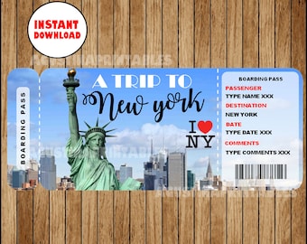 Boleto imprimible a la tarjeta de embarque de Nueva York, plantilla personalizable, archivo digital editable que usted llena e imprime DESCARGA INSTANTÁNEA