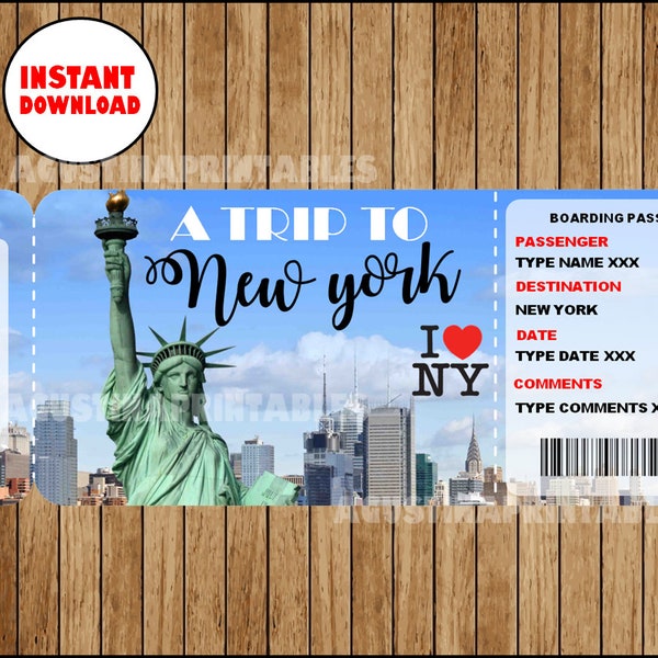 Printable Ticket to New York Boarding Pass, Customizable Template, Editable Digital File You Fill and Print INSTANT DOWNLOAD