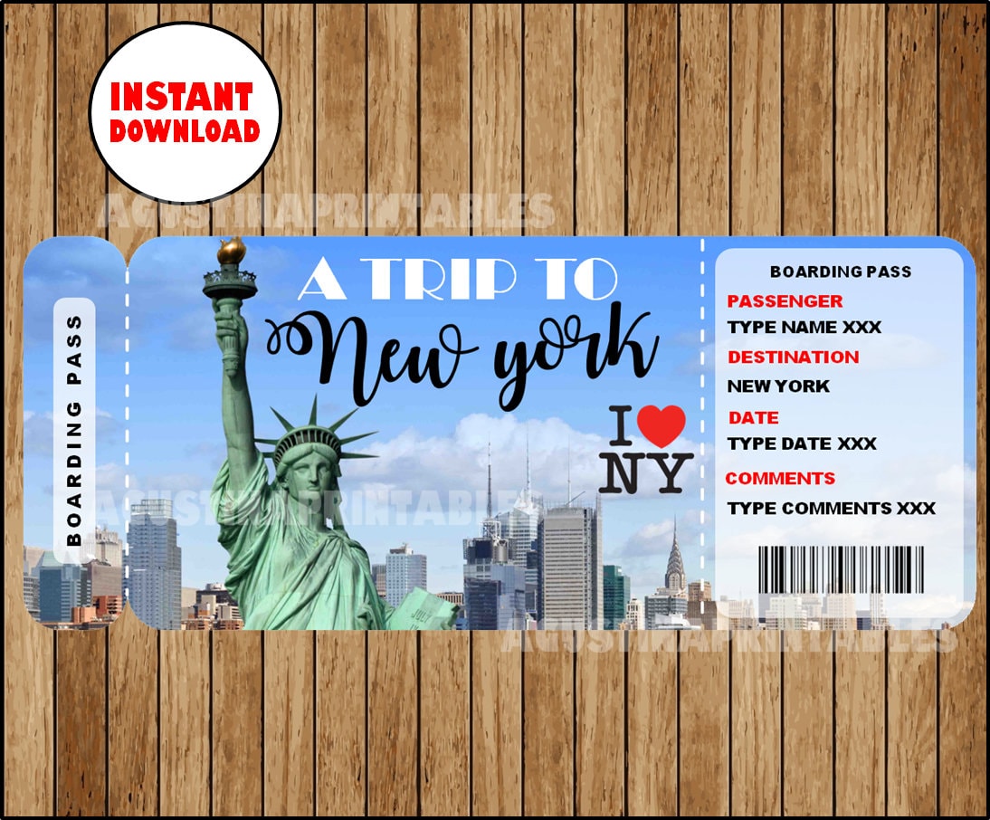 Printable Ticket to New York Boarding Pass, Customizable Template