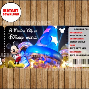 Billet imprimable pour la carte d'embarquement Disneyworld, modèle personnalisable, fichier numérique, vous remplissez et imprimez, TÉLÉCHARGEMENT INSTANTANÉ