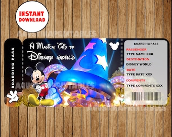 Printable Ticket to Disneyworld Boarding Pass, Customizable Template, Digital File, You Fill and Print, INSTANT DOWNLOAD