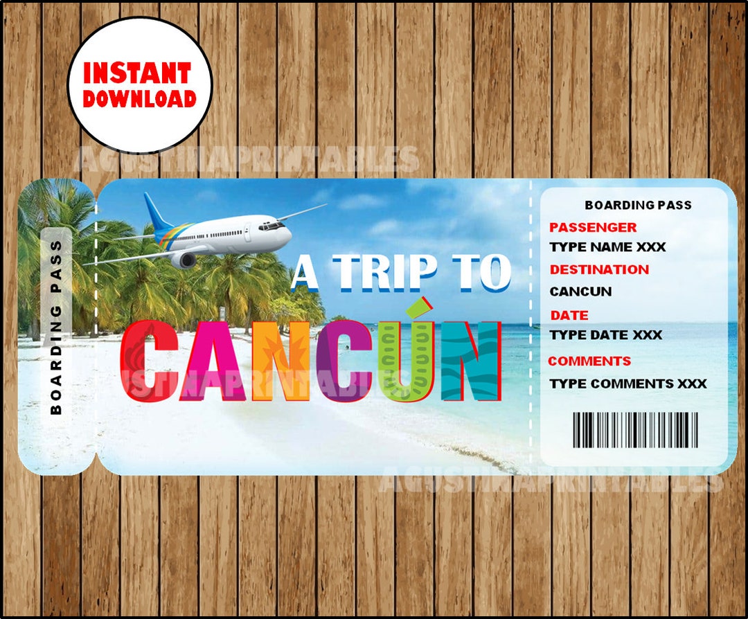 Printable Ticket to Cancun Boarding Pass, Customizable Template
