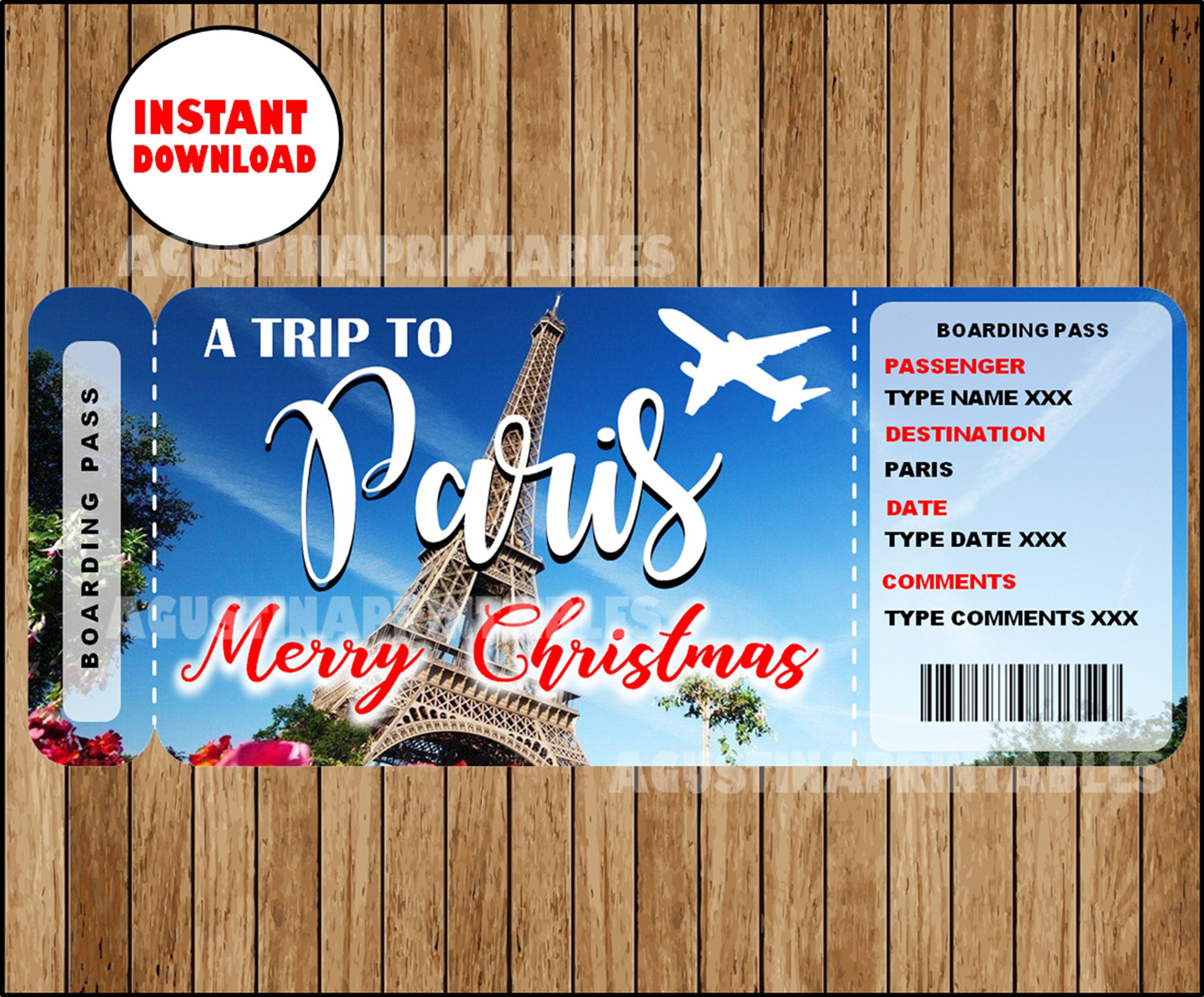 INSTANT DOWNLOAD Paris Boarding Pass Christmas Gift Printable Etsy