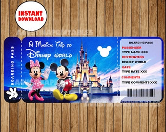 Printable Ticket to DisneyWorld, Boarding Pass, Customizable Template, Digital File, You Fill and Print, INSTANT DOWNLOAD