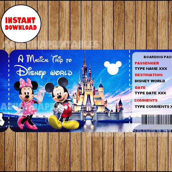 Printable Ticket to DisneyWorld, Boarding Pass, Customizable Template, Digital File, You Fill and Print, INSTANT DOWNLOAD