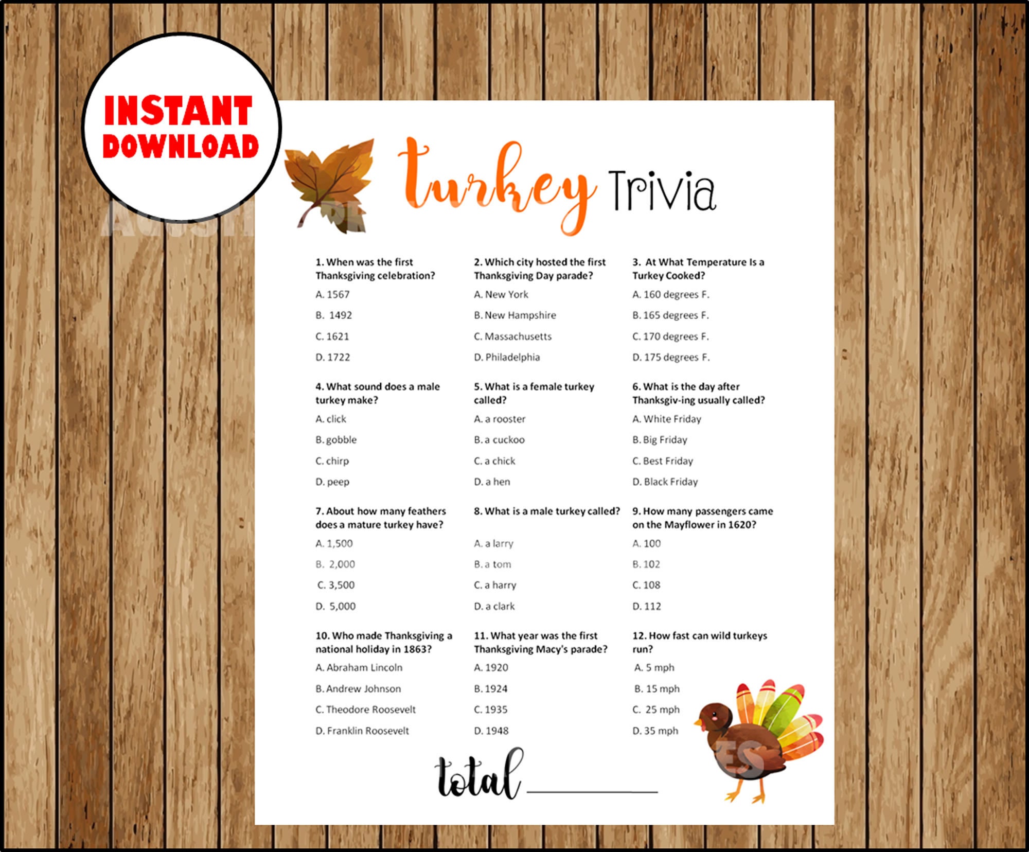 INSTANT DOWNLOAD Turkey Trivia Printable Game Thanksgiving - Etsy Canada