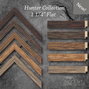 May include: The Hunter Collection 1 1/4" flat picture frame samples are displayed in five distinct wood grain finishes, ranging from dark espresso to light gray-brown. Each sample is shown as both a corner miter and a straight linear segment.