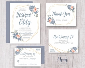 Geometric Floral Wedding Invitation Suite SET - Simple, Dusty Blue