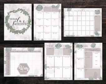 Simple Marble Greenery Eucalyptus Floral Leaves Digital Planner Pages SET l GoodNotes Inserts - Yearly, Monthly, Weekly, Daily, Hourly