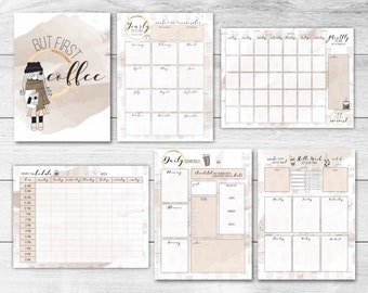 Coffee Lovers Digital Planner Pages SET l GoodNotes Inserts - Yearly, Monthly, Weekly, Daily, Hourly Schedule Planner Pages l Light Brown