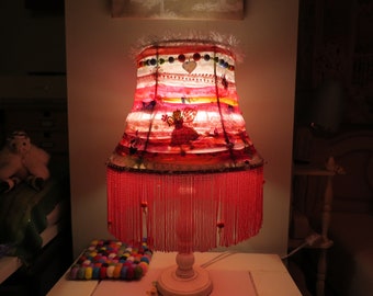 Girl's pink table lampshade. Pink, Beads, Fabrics, Long tassels, Fairy.