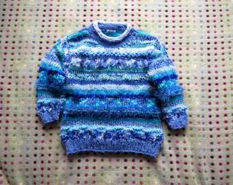 Hand-knitted girl's jumper. Blue mixed yarns with beaded collar. 11-13yrs.