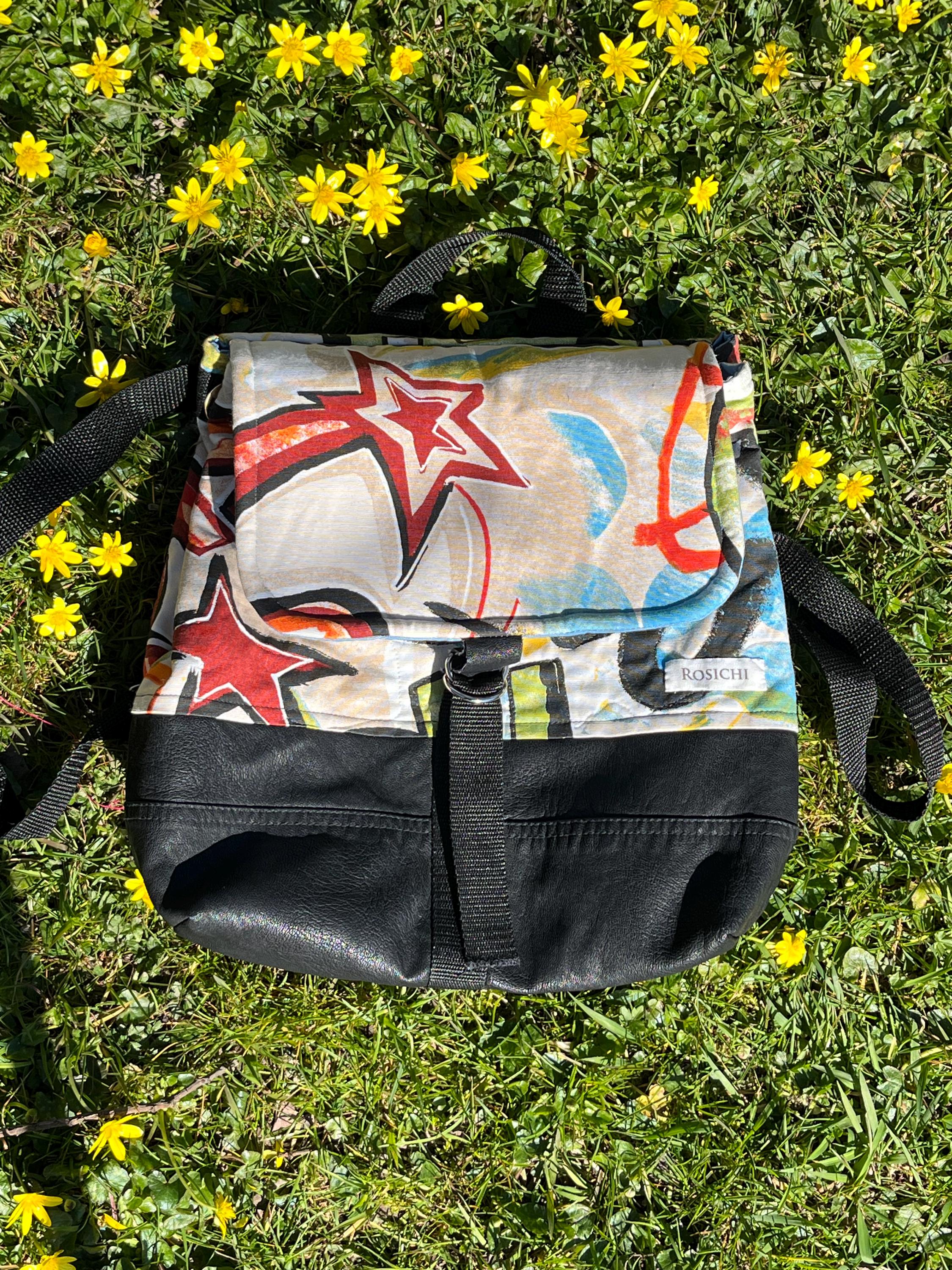 Graffiti Cotton Canvas Backpack: Vintage Faux Leather Accent 