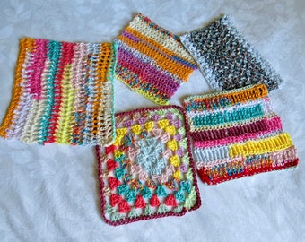 1 set of 5 Colourful Fun Dishcloths. Hand-crocheted. (Set B)