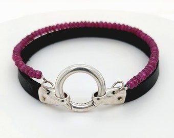 Natural leather and Genuine Ruby Bracelet, 14K gold and Sterling Silver Circle Design Clasp