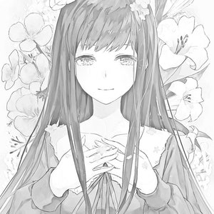 May include: A black and white illustration of a young woman with long dark hair, wearing a collared shirt with a bow tie. She is surrounded by flowers and has a gentle smile on her face.