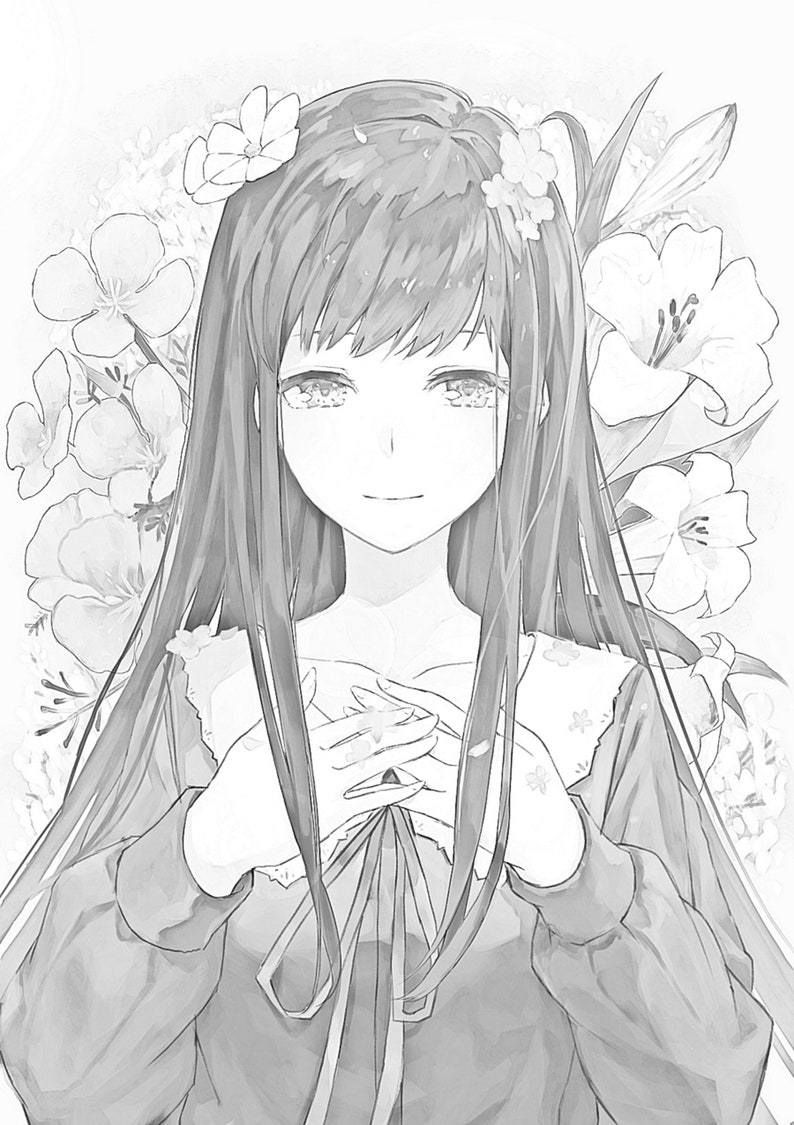 May include: A black and white illustration of a young woman with long dark hair, wearing a collared shirt with a bow tie. She is surrounded by flowers and has a gentle smile on her face.