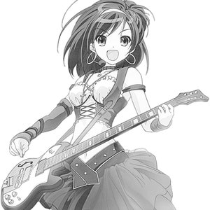 May include: A black and white illustration of a woman playing an electric guitar. She is wearing a black and white outfit with a corset and a skirt. She has long, dark hair and is smiling.