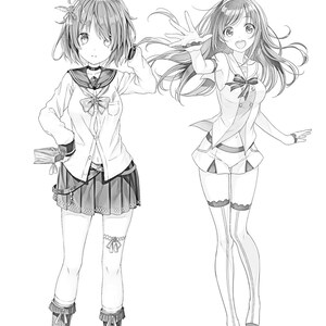 May include: Black and white line drawing of two anime girls wearing school uniforms. One girl is holding a book and the other is waving.