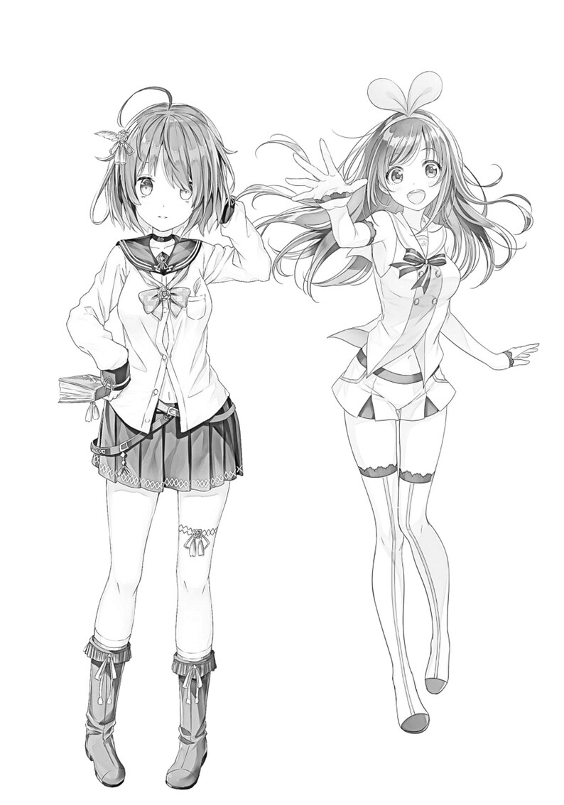 May include: Black and white line drawing of two anime girls wearing school uniforms. One girl is holding a book and the other is waving.