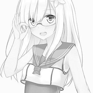 May include: A black and white illustration of a young woman with long, straight hair wearing glasses and a sailor uniform.