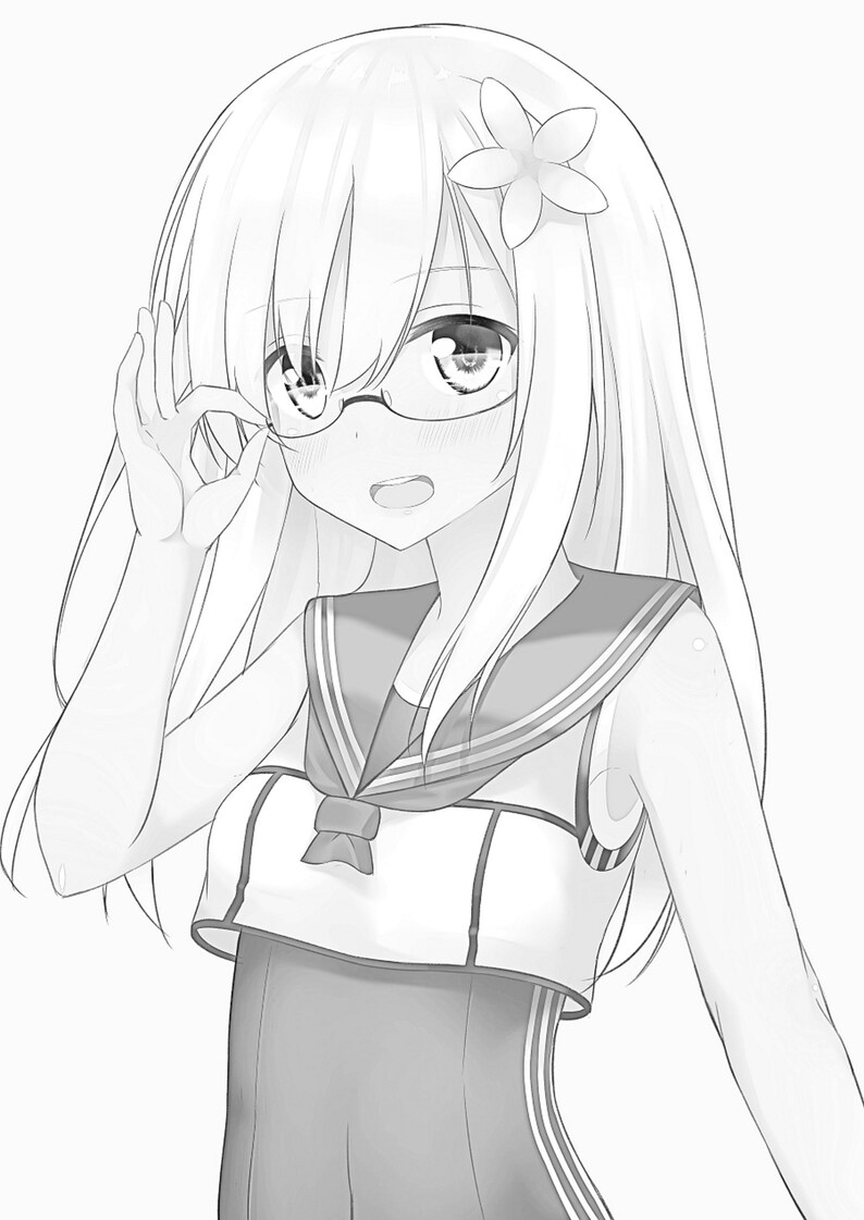 May include: A black and white illustration of a young woman with long, straight hair wearing glasses and a sailor uniform.