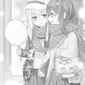 May include: Two anime girls in school uniforms are walking together. One girl is holding a cotton candy on a stick. The other girl is wearing a backpack with a design of several anime characters. The text "Happy New Year" is visible in the background.
