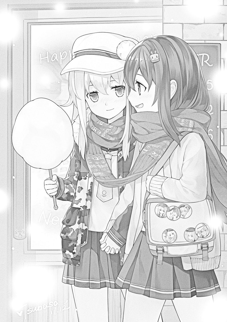 May include: Two anime girls in school uniforms are walking together. One girl is holding a cotton candy on a stick. The other girl is wearing a backpack with a design of several anime characters. The text "Happy New Year" is visible in the background.