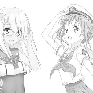 May include: Two anime girls in sailor outfits. One girl is wearing glasses and has a flower in her hair. The other girl is wearing a captain's hat and has her hair in pigtails.
