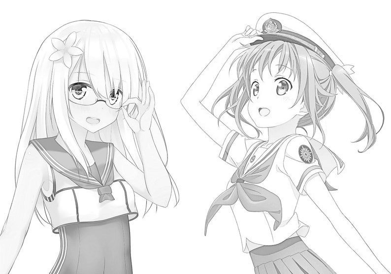 May include: Two anime girls in sailor outfits. One girl is wearing glasses and has a flower in her hair. The other girl is wearing a captain's hat and has her hair in pigtails.