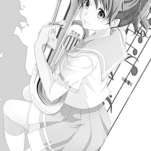 May include: A black and white illustration of a young woman in a school uniform holding a tuba. She is standing on a sheet of music with musical notes.