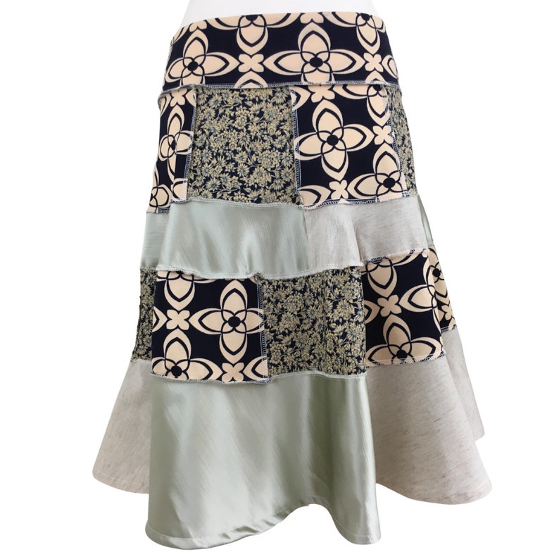 Easy to wear with stretchy pull on waistband. Stunning asymmetrical skirt linen light sage green and navy blue retro print patchwork