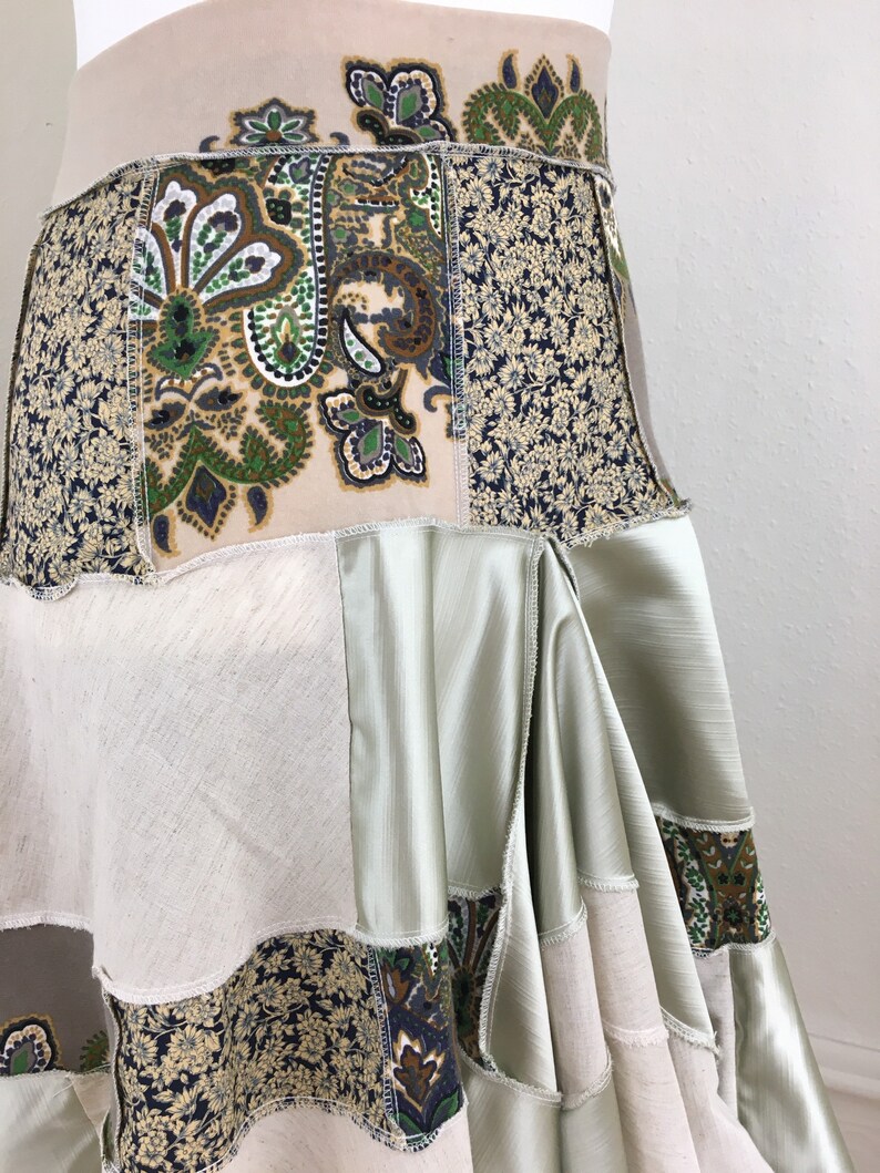 Easy to wear with stretchy pull on waistband. Stunning asymmetrical skirt linen light sage green and navy blue retro print patchwork