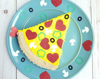 Pizza Slice Mini Pinata, Glitter Heart Toppings, Party Decor (7 inch)