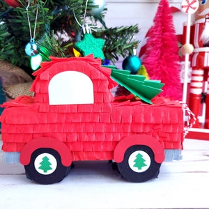 Christmas mini red truck piñata Red truck party favor Christmas truck decoration Farmhouse Xmas decor Christmas party favor Red truck w/tree