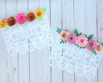 Set of 2 Papel Picado Bride/Groom chair signs, Sweetheart table, Mexican Wedding, Bride and Groom chair signs, Wedding decor