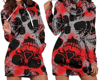 Red Abstract Skulls Womens Hoodie Dress 