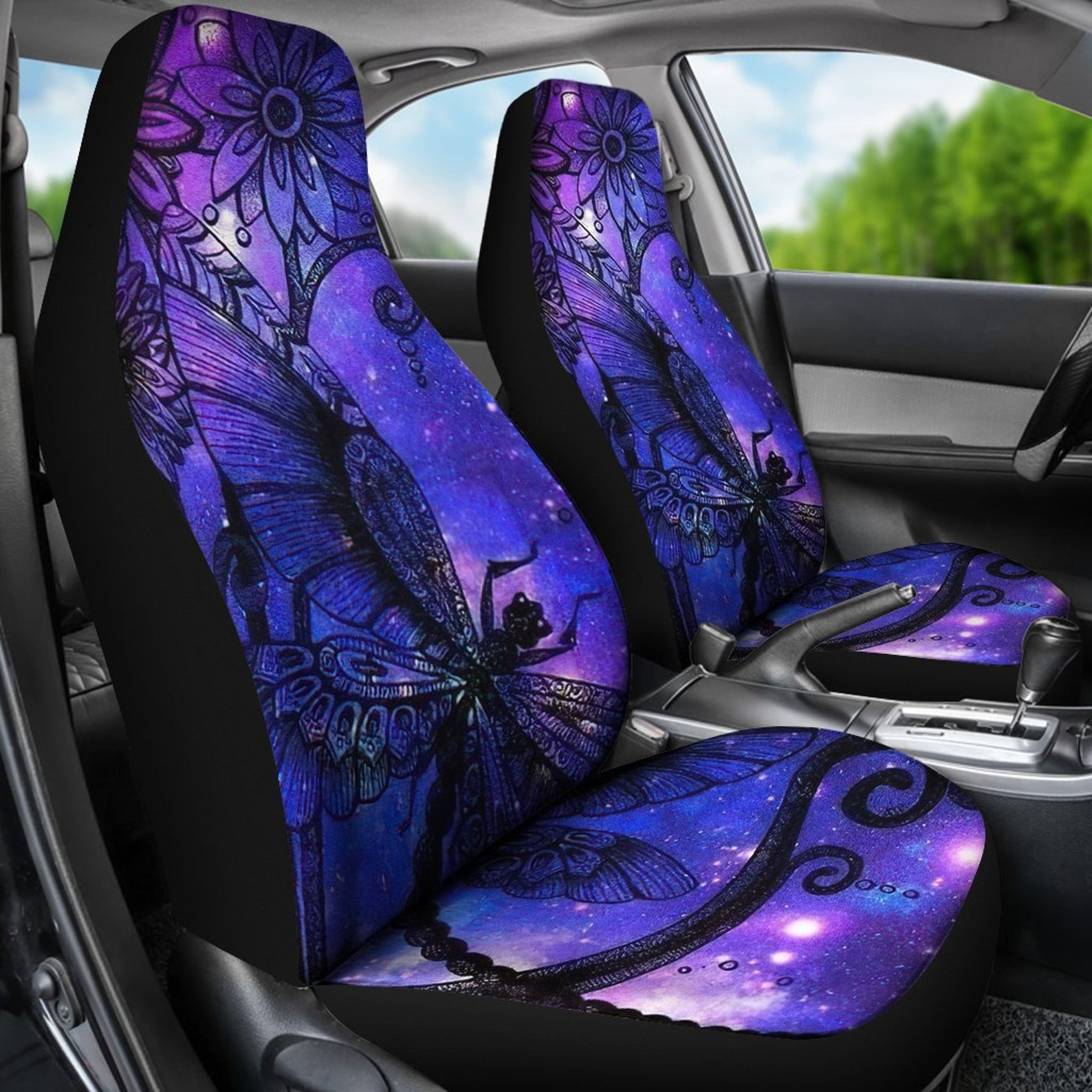 Purple Floral Flowers Dragonfly Car Seat Covers Pair 2 Front Etsy