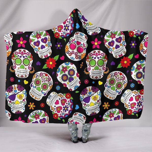 Girly Floral Rose Sugar Skull Skeleton Pattern Print Hooded Blanket