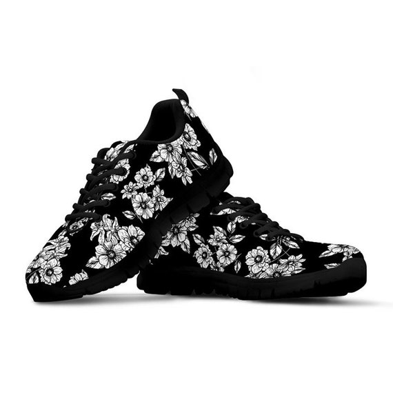 Black and White Floral Flowers Sneakers Running Shoes -