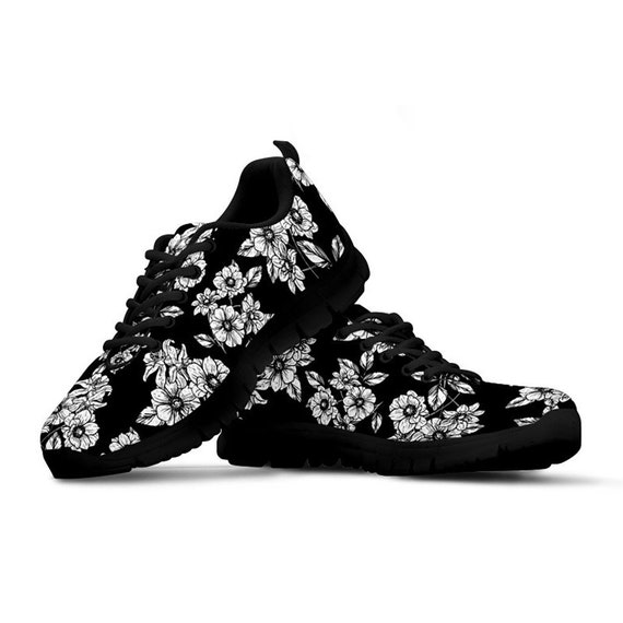 Zwart-wit bloemen bloemen sneakers hardloopschoenen | Etsy Nederland