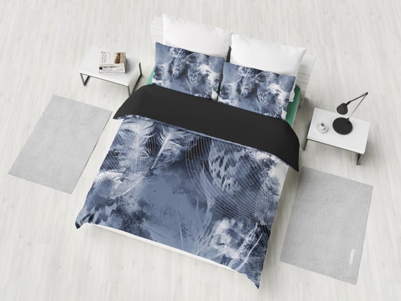 Abstract Grey Feathers Bedding Set Duvet Cover 2 Pillow Etsy